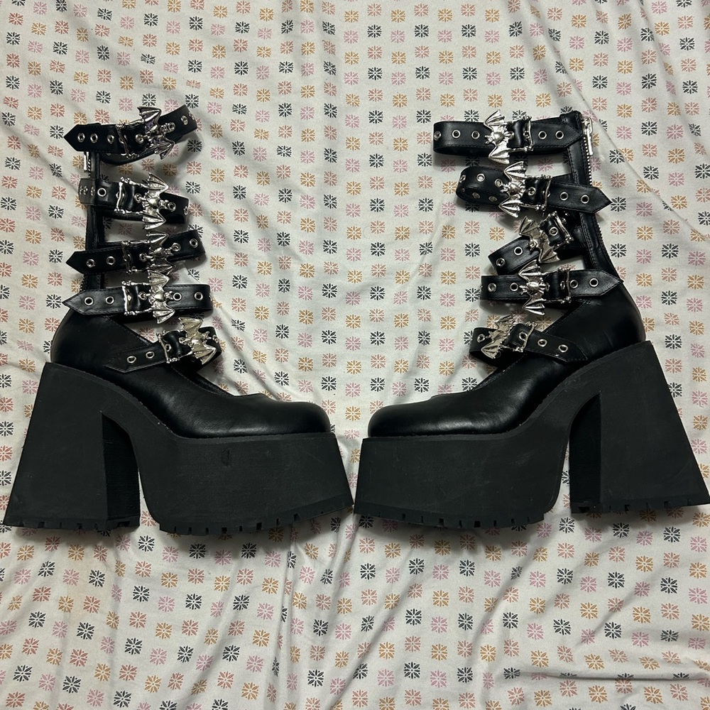 Dolls Kill Black Chunky Bat Strap Heels